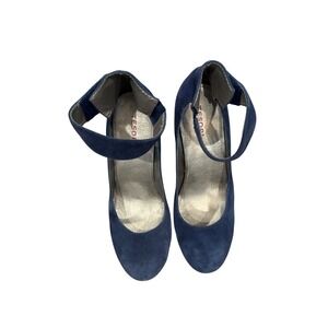 TESORI Navy Blue Suede Ankle Strap Wedge Heels Women's Size 12M